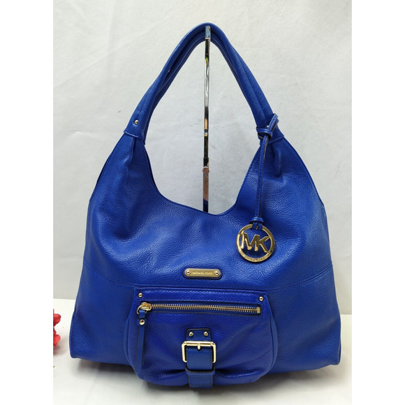 Michael Kors Fulton Blue Pebbled Leather Buckle Pocket Large Hobo Shoulder Bag - Picture 1 of 16